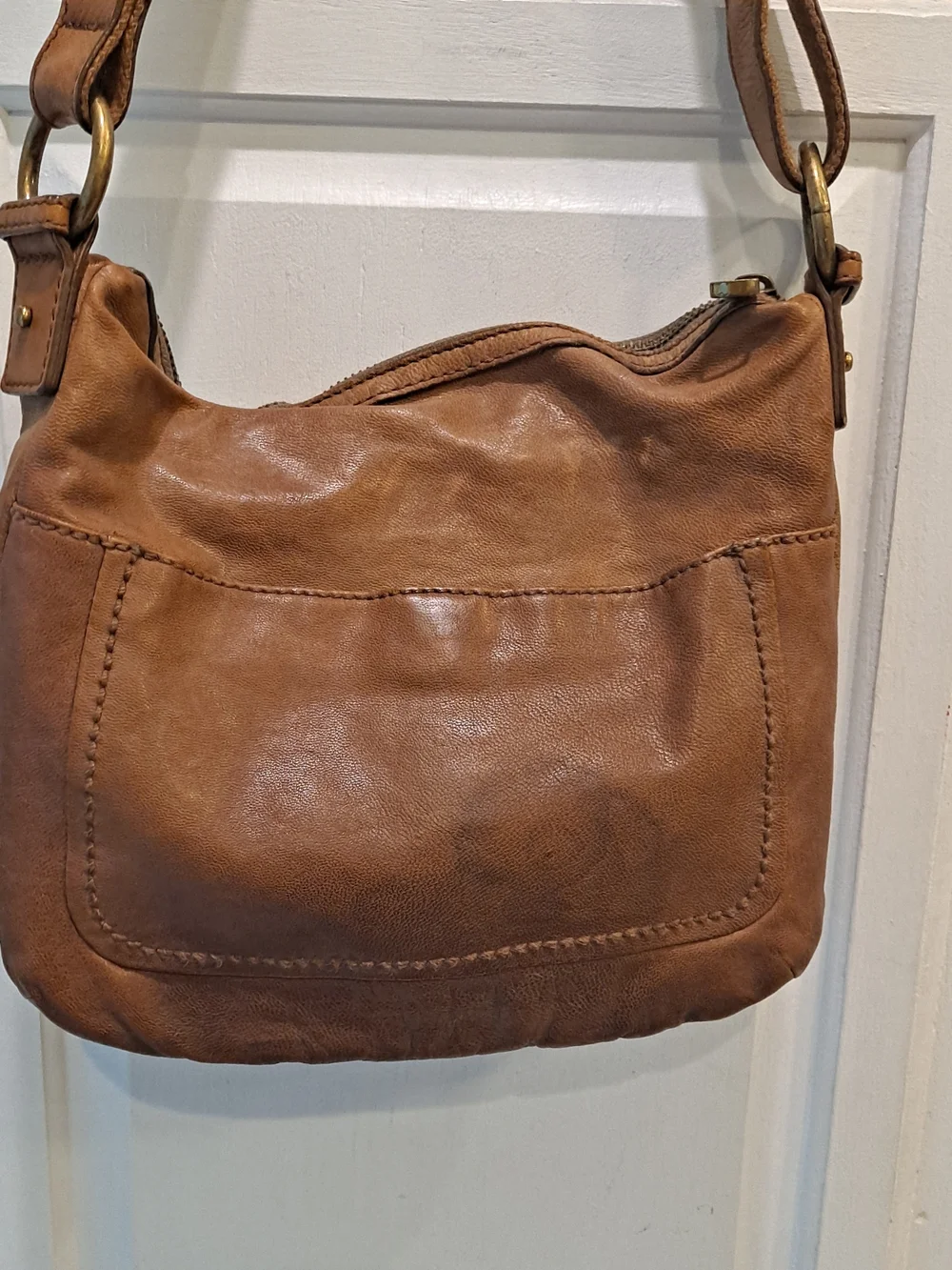 Fossil Cognac Brown Cowhide Lambhide Leather Satchel Front Buckle Flap Brass